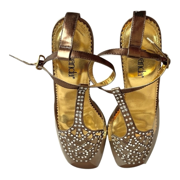 NIB AMANDA Martini Metallic Gold Women’s Shoes Clear Heels Rhinestone Sandals 36 - Picture 4 of 8